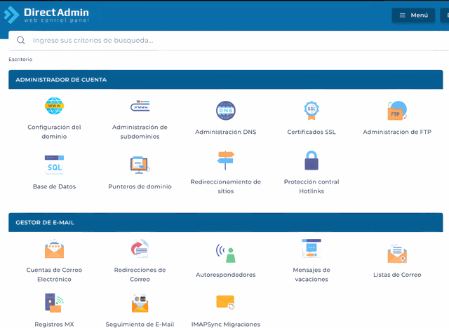 Panel de control DirectAdmin de Nicarao Servicios