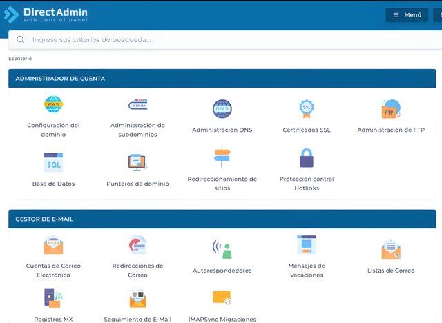 Panel de control DirectAdmin de Nicarao Servicios